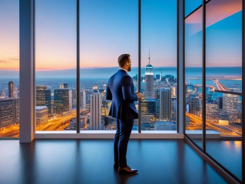 Edificio moderno de oficinas en ciudad vibrante al atardecer Oficina moderna de lujo con ventanales de piso a techo reflejando un vibrante paisaje urbano al anochecer, simbolizando la sinergia postfusión en bienes raíces