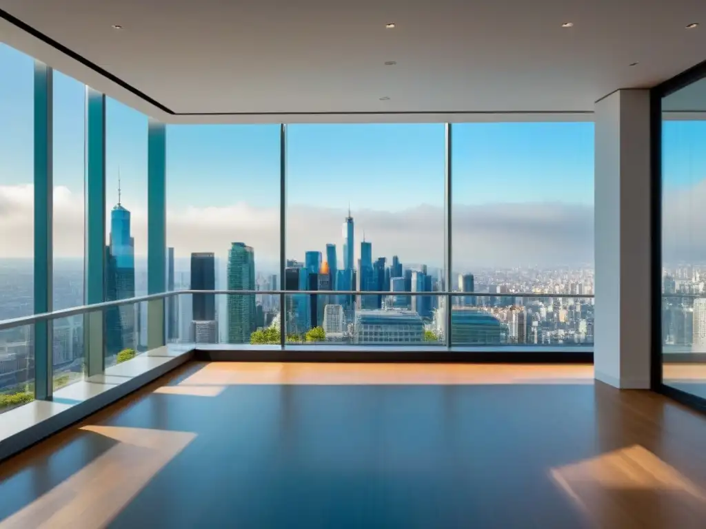 Oficina moderna de lujo con ventanales de piso a techo, reflejando el vibrante skyline urbano