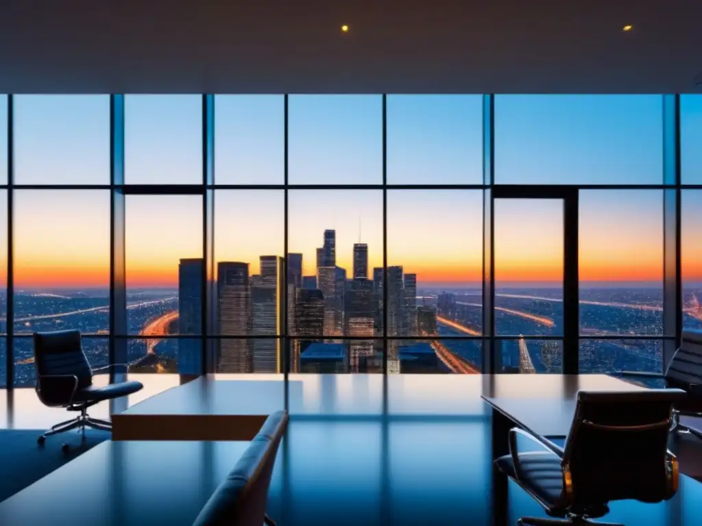 Elegante edificio corporativo en entorno internacional Oficina moderna de lujo con ventanales de piso a techo reflejando la ciudad al atardecer, fusionando litigios bienes raíces internacionales políticas con elegancia y poder