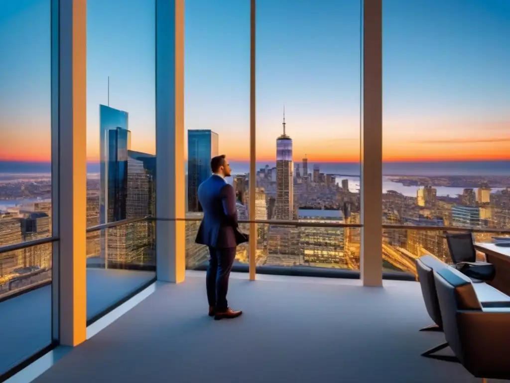 Edificio de oficinas moderno en ciudad vibrante al atardecer Oficina moderna de lujo con vista a la ciudad al atardecer