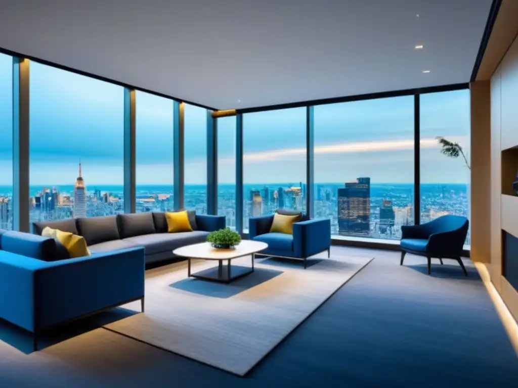 Oficina moderna de lujo con vista a la ciudad Oficina moderna de lujo con vista a la ciudad, muebles elegantes y tecnología avanzada