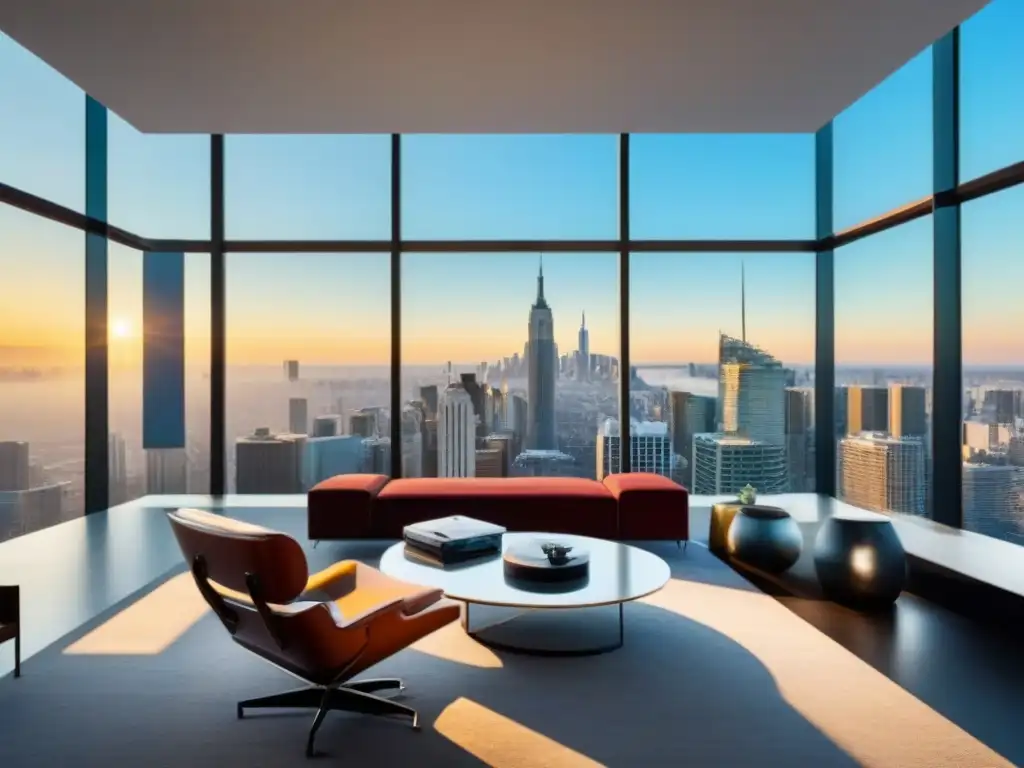 Oficina moderna de lujo con vista panorámica a la ciudad Oficina moderna de lujo con vista a la ciudad, mobiliario minimalista, arte contemporáneo y tecnología avanzada