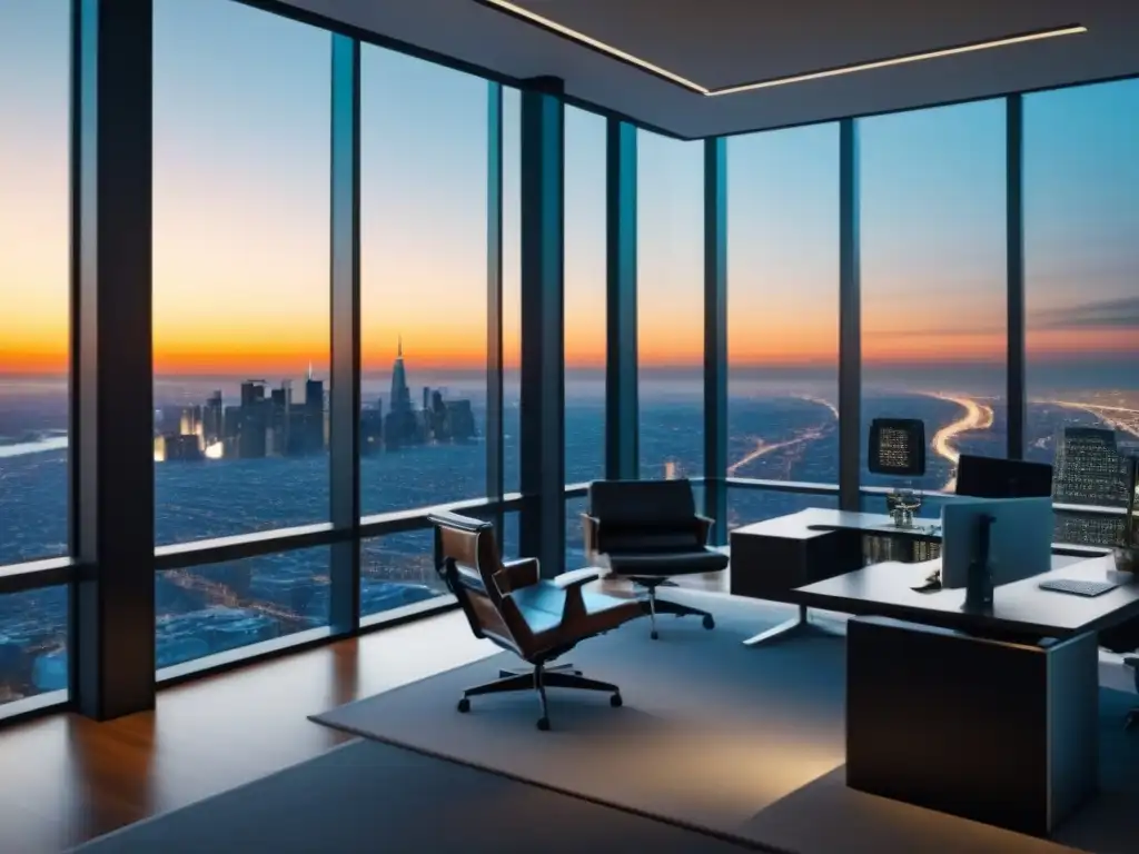 Oficina de lujo con vista panorámica para inversores inmobiliarios globales Oficina moderna de lujo con vista a la ciudad para estrategias email marketing inversores globales