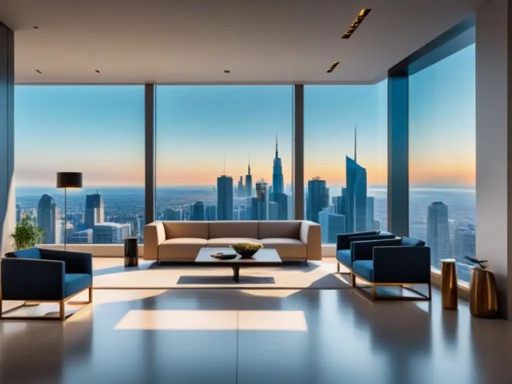 Oficina moderna de lujo en edificio alto con vista panorámica Oficina moderna de lujo con vista panorámica a la ciudad y diseño minimalista