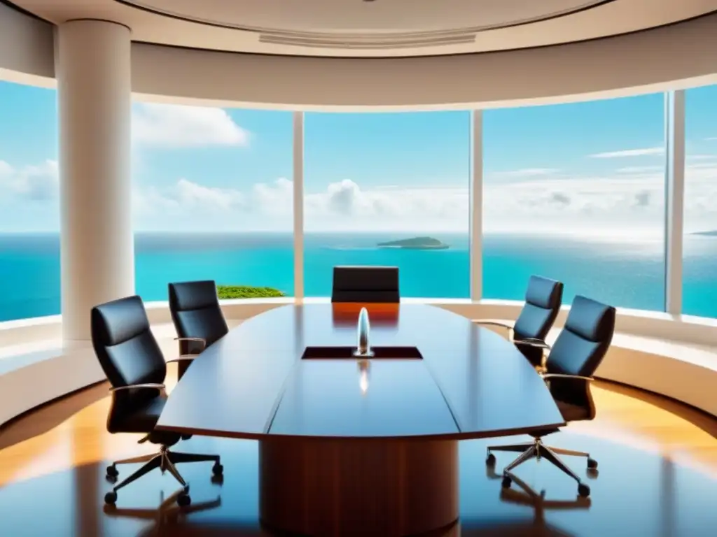 Oficina de lujo con vista a isla privada: mesa de negociación elegante y esencial Oficina moderna de lujo con vista a isla privada, lista para negociar precio compra
