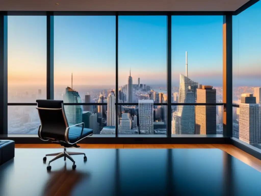 Oficina de lujo en rascacielos con vista a la ciudad Oficina moderna de lujo con vista a la ciudad, transmitiendo confianza en el mercado inmobiliario ético y de compliance