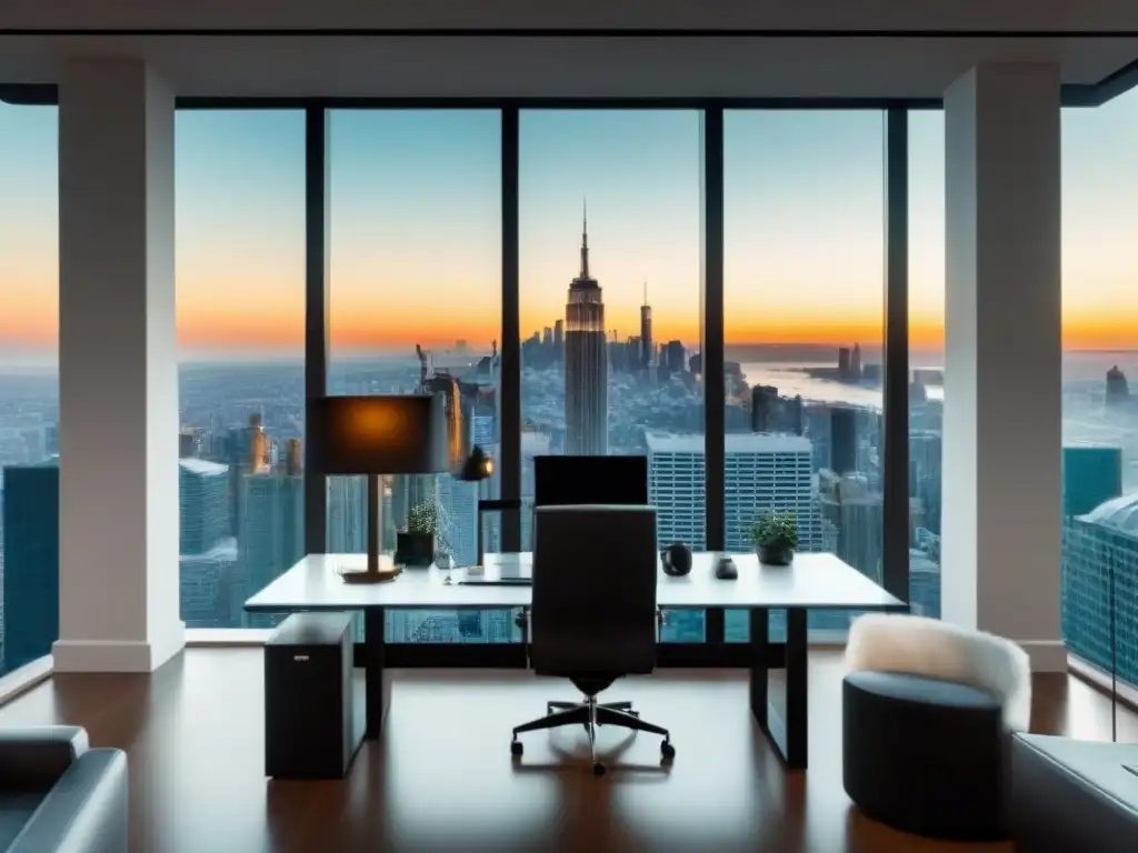 Oficina de lujo con vista panorámica y elegante equipamiento Oficina moderna de lujo con vista a la ciudad, escritorio de vidrio, silla elegante y mapa mundial