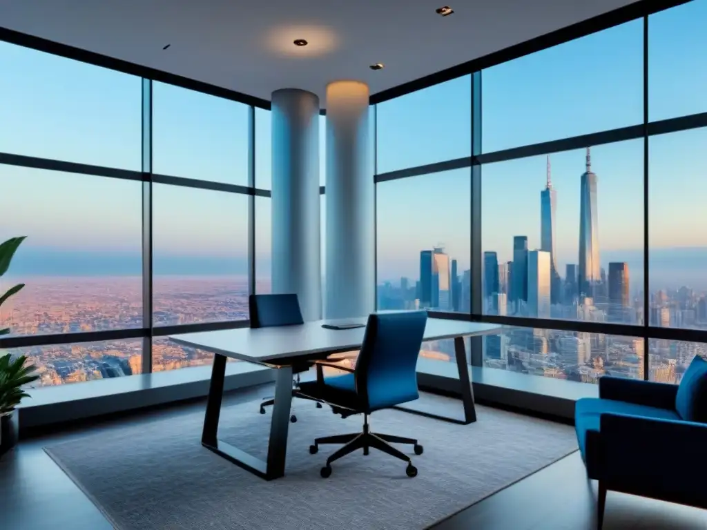 Oficina de lujo con vistas a la ciudad: diseño moderno y minimalista Oficina moderna de lujo con vista a la ciudad, muebles minimalistas y tecnología avanzada, en tonos azules y grises