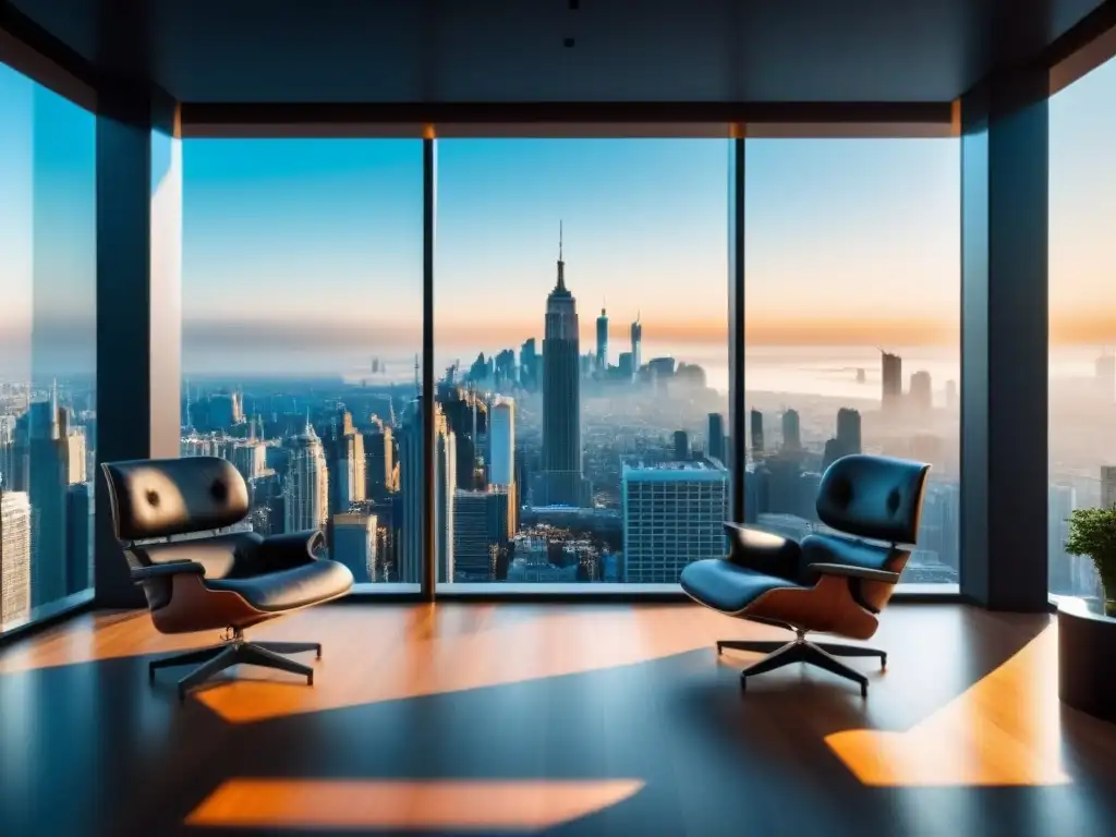Oficina moderna de lujo con vista panorámica a la ciudad Oficina moderna de lujo con vista a la ciudad, muebles contemporáneos, mapa mundial y tecnología de punta