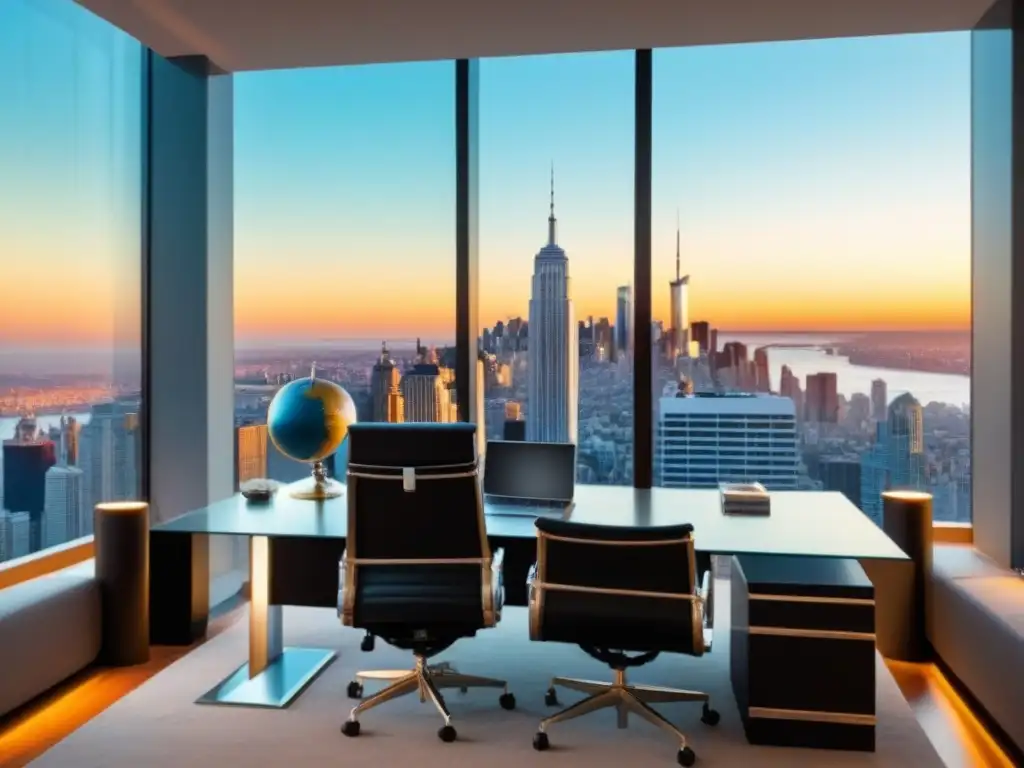 Oficina de lujo en la ciudad: elegancia y éxito global Oficina moderna de lujo con vista a la ciudad, elegante escritorio de vidrio, documentos legales y globo terráqueo