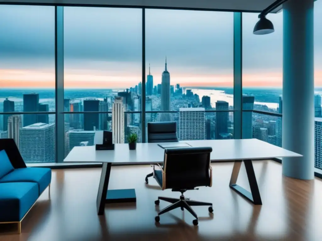 Oficina de lujo con vista panorámica a la ciudad: diseño moderno y elegante Oficina moderna de lujo con vista a la ciudad, diseño contemporáneo y paleta sofisticada, ideal para inversiones inmobiliarias offshore precauciones