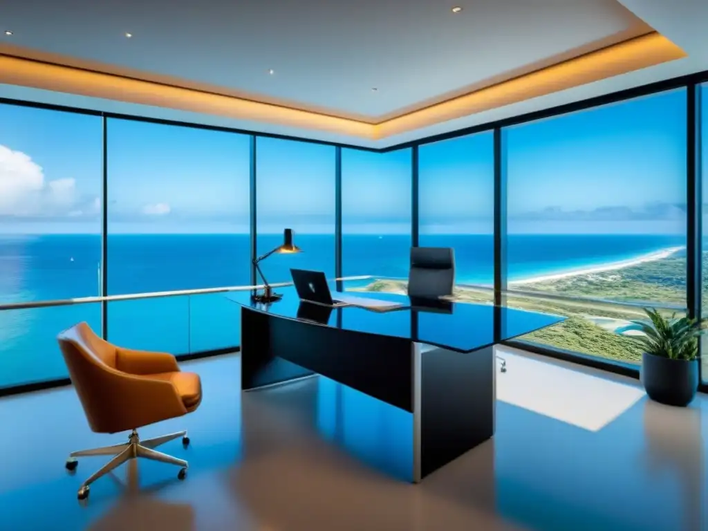Oficina de lujo frente al mar: inversión inmobiliaria sofisticada Oficina moderna de lujo con vista al mar, simbolizando la atracción de inversiones inmobiliarias offshore precauciones