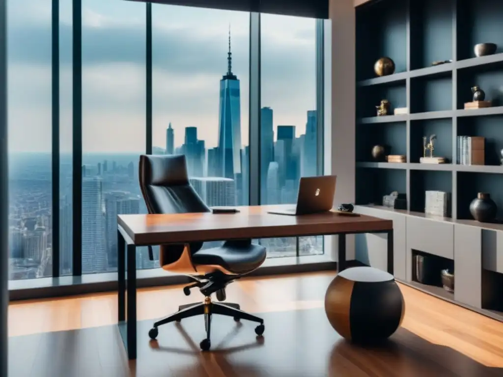 Oficina de lujo con vista panorámica y diseño contemporáneo Oficina moderna de lujo con vista a la ciudad, escritorio de vidrio, silla ergonómica y informes financieros