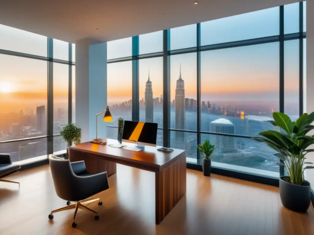 Oficina de lujo con vista a la ciudad y diseño contemporáneo Oficina moderna de lujo con vista a la ciudad, amueblada elegante y contemporáneamente