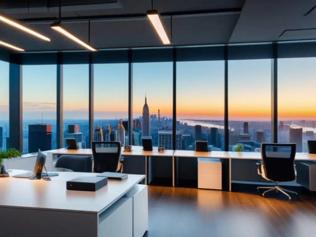 Oficina de lujo con diseño innovador y vistas panorámicas en la ciudad Oficina moderna de lujo con vista panorámica de la ciudad y el letrero de Alianza Century 21 Better Homes