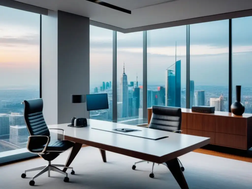 Oficina moderna de lujo con vistas panorámicas a la ciudad Oficina moderna de lujo con vista a la ciudad, diseño minimalista y tecnología de vanguardia