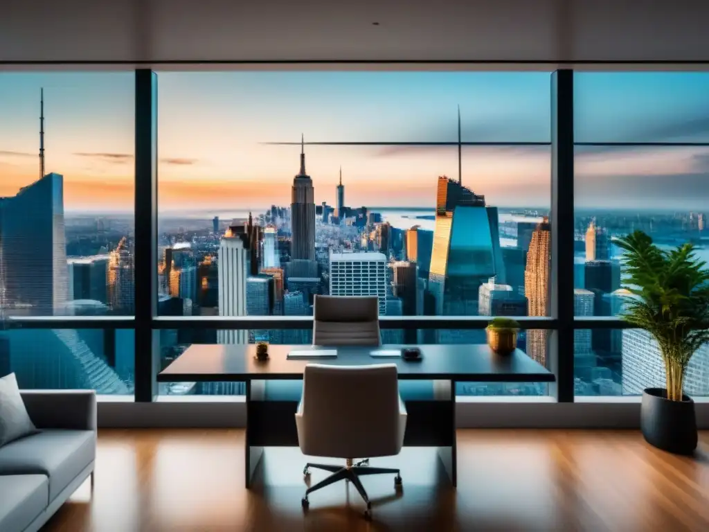 Oficina de lujo con vista a la ciudad: éxito en inversión inmobiliaria Oficina moderna de lujo con vista a la ciudad, reflejando éxito en inversión inmobiliaria internacional: beneficios clave
