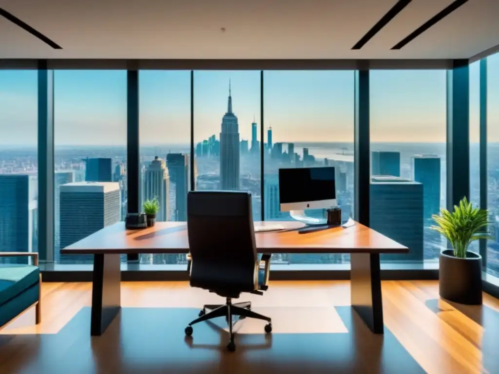 Oficina de lujo con vistas a la ciudad: elegancia y éxito Oficina moderna de lujo con vistas a la ciudad, mobiliario elegante y software gestión inversiones inmobiliarias