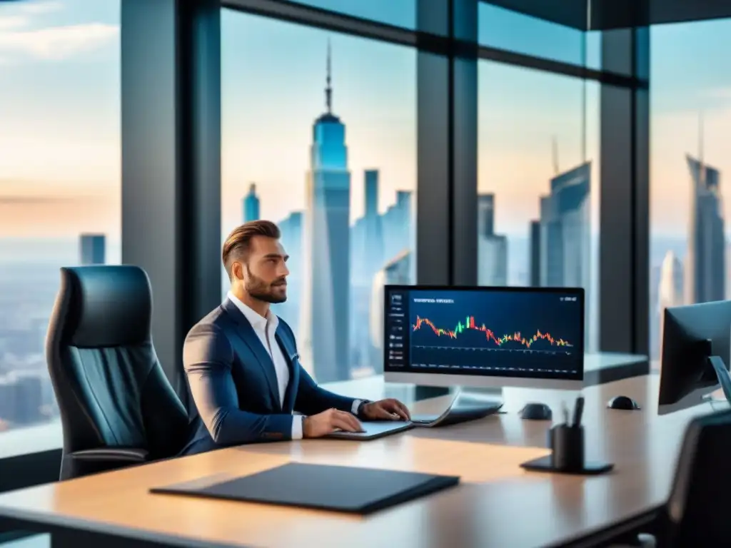 Oficina de lujo con vista panorámica a la ciudad: éxito y elegancia Oficina moderna de lujo con vistas a la ciudad, muebles elegantes y profesional analizando gráficos de inversión