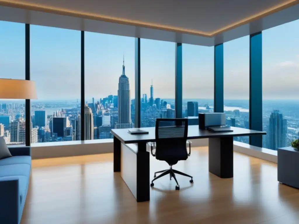 Oficina de lujo con vista a la ciudad: moderna y sofisticada Oficina moderna de lujo con vistas a la ciudad, mobiliario elegante y tecnología avanzada