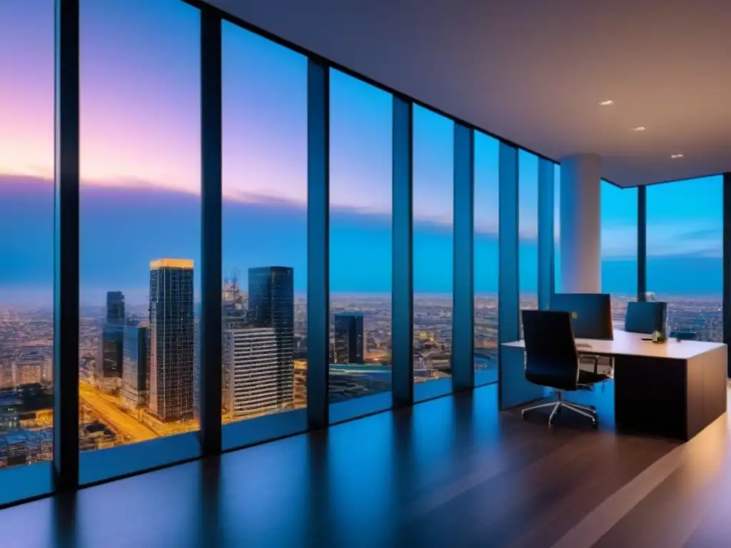 Edificio de oficinas moderno y lujoso con vistas a la ciudad al anochecer Oficina moderna de lujo con vistas a la ciudad al anochecer, simbolizando inversión inmobiliaria ante regulaciones fiscales