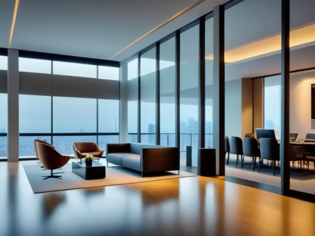 Oficina moderna de lujo: eficiencia y profesionalismo en tiempo real Oficina moderna y lujosa de una inmobiliaria con gestión de crisis en redes sociales, profesional y eficiente
