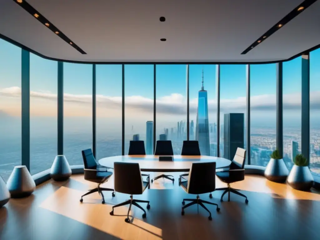 Oficina de lujo con tecnología y hologramas para inversión inmobiliaria Una oficina moderna y lujosa con tecnología avanzada para maximizar inversiones inmobiliarias con consejos legales plataformas PropTech