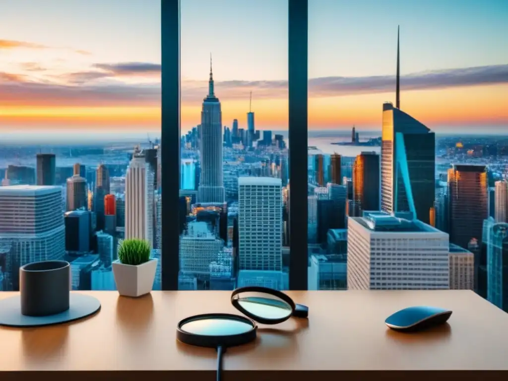 Examen meticuloso de inversiones inmobiliarias Oficina moderna con lupa, documentos financieros y skyline urbano, simbolizando la importancia de la Due Diligence en inversiones inmobiliarias