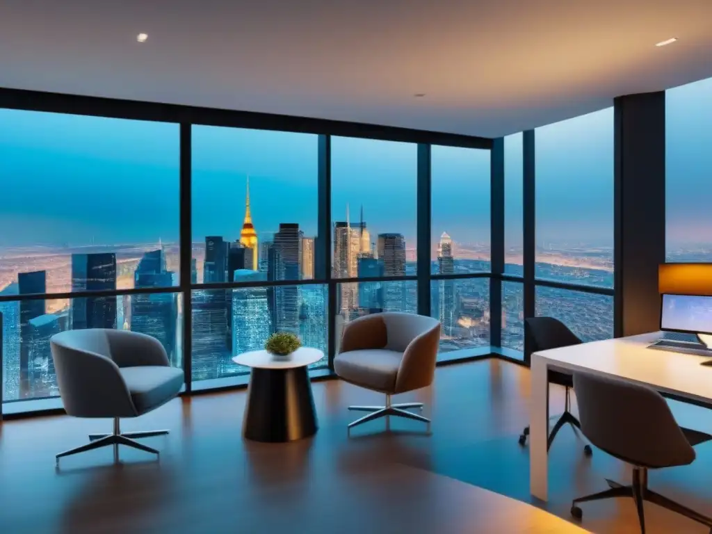 Oficina inmobiliaria moderna con tecnología de vanguardia y vista panorámica de la ciudad Oficina moderna de marketing inmobiliario con datos visuales en la ciudad