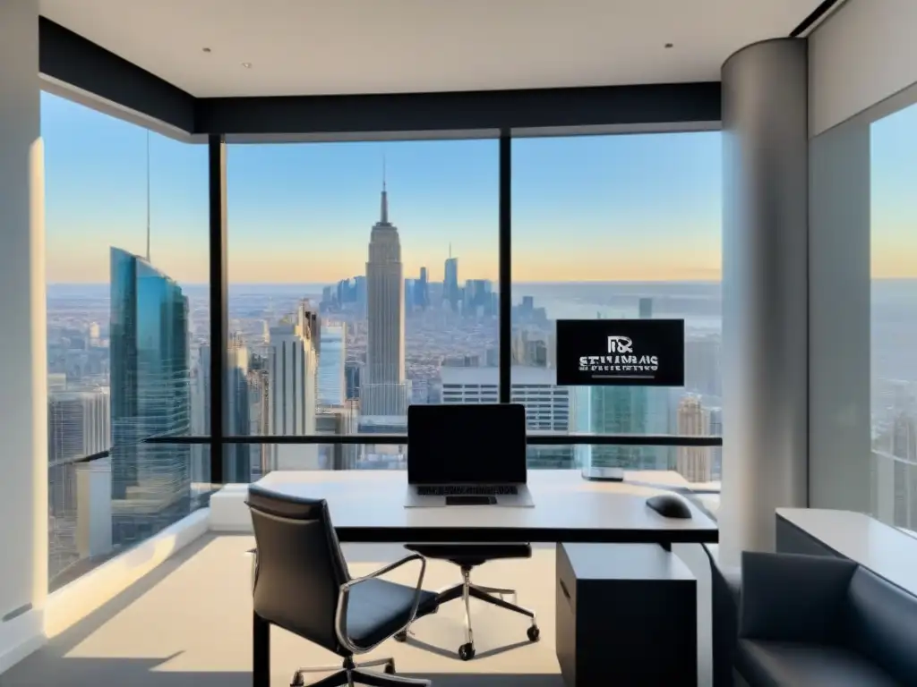 Oficina moderna con vista a la ciudad y motivación financiera Oficina moderna con metas realistas negocio propiedades alquiler y vista panorámica urbana