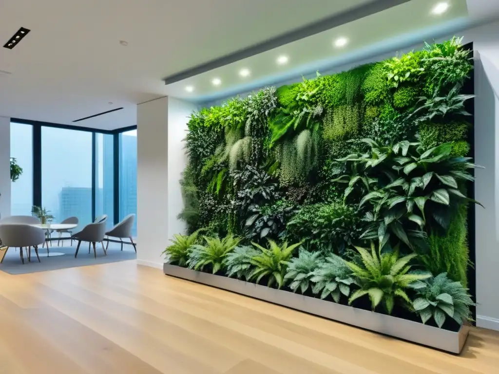 Oficina moderna con paredes vivas: armonía verde y diseño contemporáneo Oficina moderna con muros vivientes llenos de plantas verdes, destacando beneficios como purificadores de aire