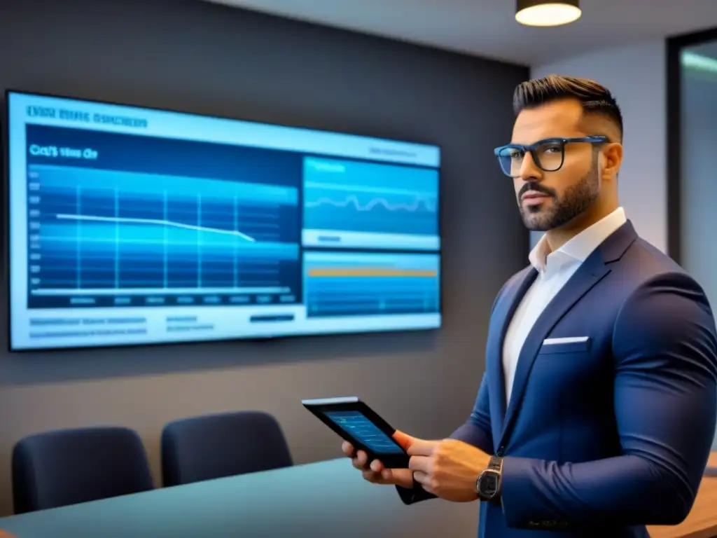 Oficina moderna con tecnología de gestión inmobiliaria eficiente Oficina moderna con pantalla digital mostrando gráfico de gestión eficiente de propiedades, evitando errores automatización