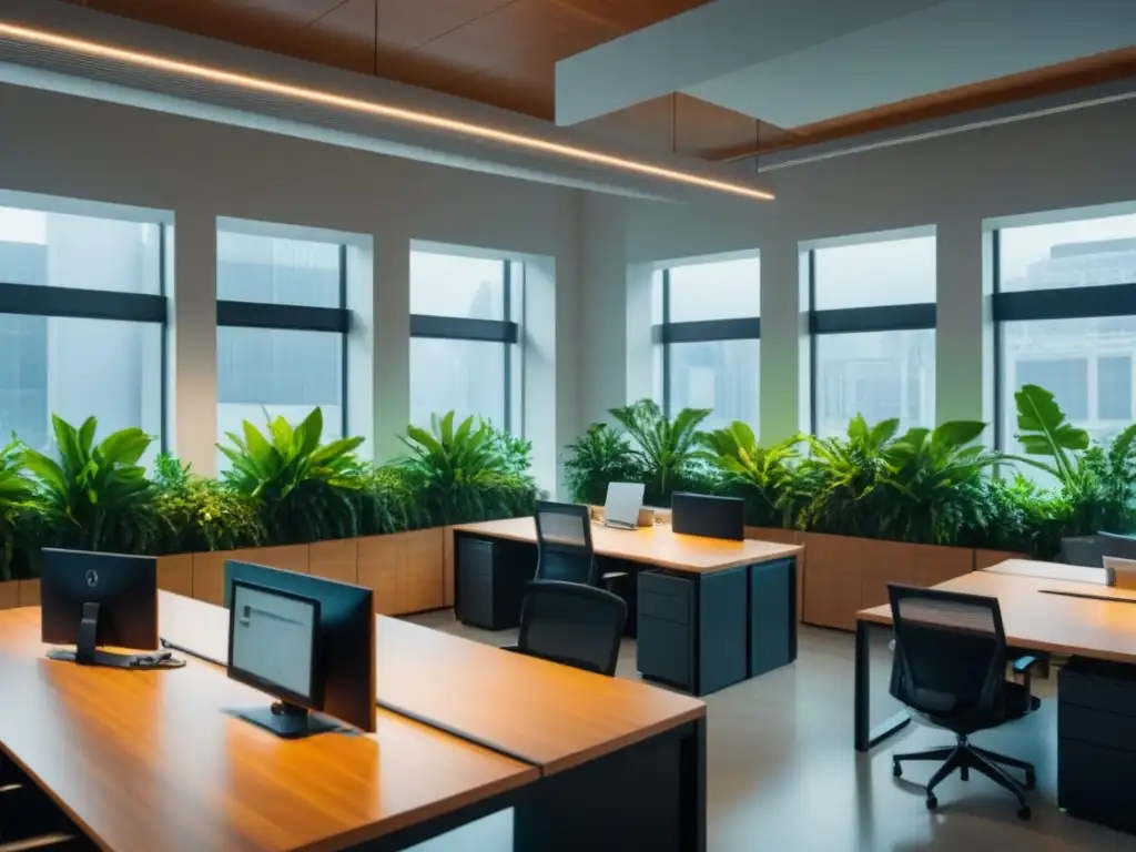 Oficina eco-friendly con plantas y luz natural Oficina moderna con plantas colgantes, luz natural y colaboración en espacios de trabajo ecoamigables rentables