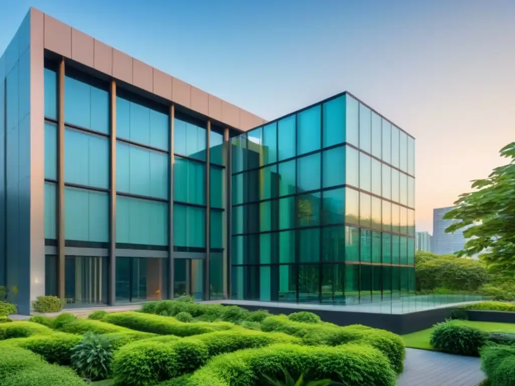 Edificio corporativo moderno: éxito, innovación y colaboración Oficina moderna con profesionales colaborando en áreas verdes, transmitiendo innovación y éxito en estrategias corporativas activos inmobiliarios