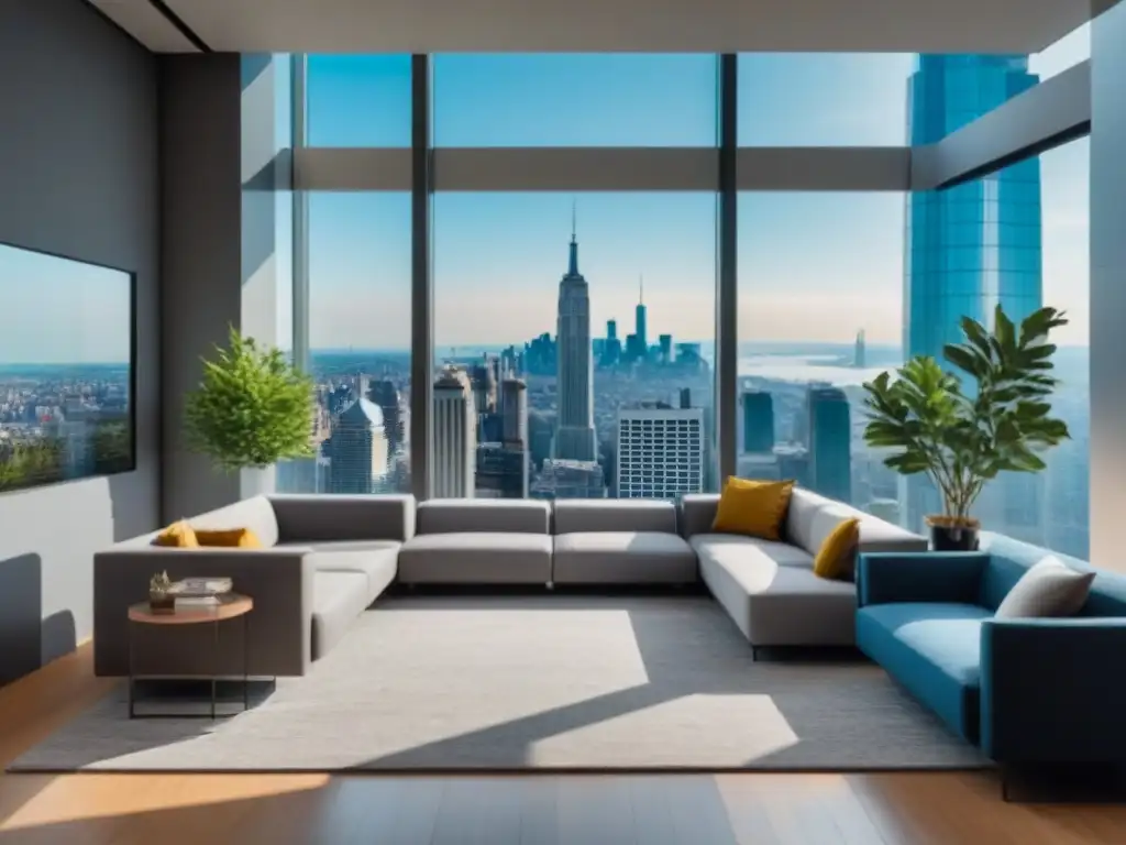 Recepción moderna en rascacielos: diseño urbano y elegante Oficina moderna en rascacielos con vista a la ciudad