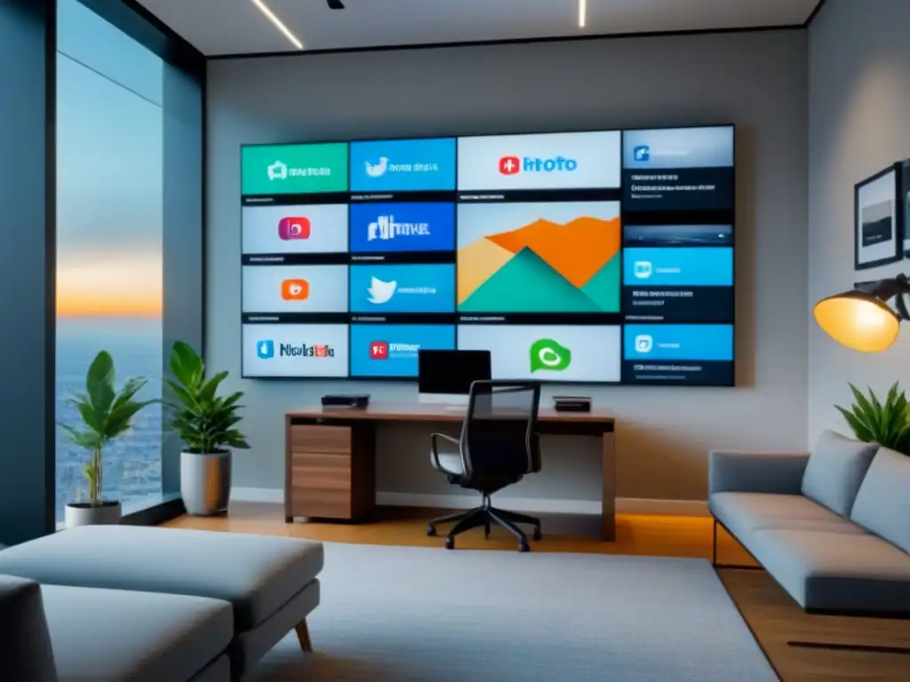 Oficina moderna con redes sociales para inversión inmobiliaria global