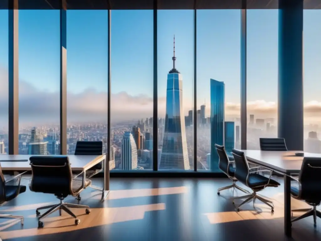Oficina de Seguros Comerciales: Modernidad en la Ciudad Oficina moderna de seguros propiedades comerciales internacionales en una ciudad internacional vibrante