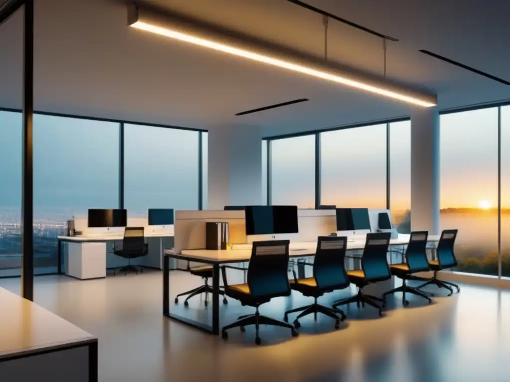 Diseño de oficina: iluminación tradicional vs Oficina moderna con iluminación solar tubular en espacios interiores, ambiente sostenible y contemporáneo