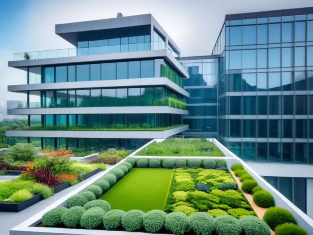 Edificio moderno con jardín verde en la azotea: armonía urbana y natural Oficina moderna con jardín en el techo, simbolizando la armonía entre arquitectura urbana y naturaleza