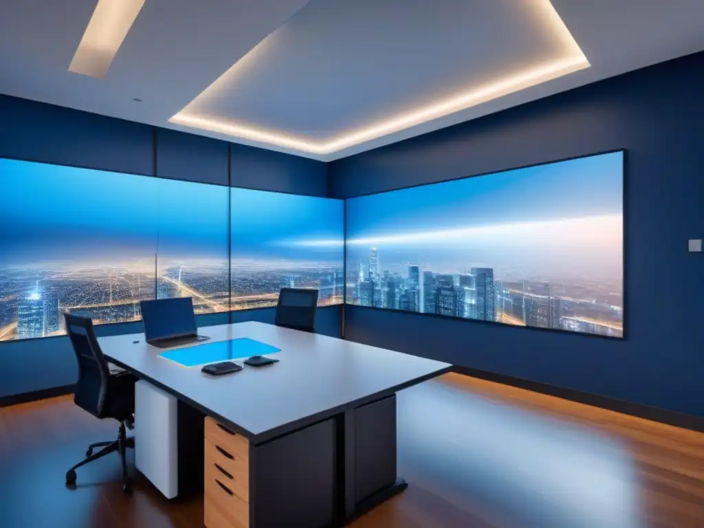 Oficina Futurista con Tecnología Avanzada en Real Estate Oficina moderna con tecnología innovadora y hologramas futuristas