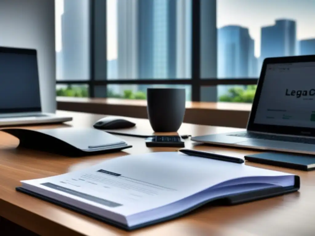 Oficina moderna con documentos financieros en escritorio Oficina moderna con documentación reventa tiempo compartido guía, laptop, café y bolígrafo profesional, bañada en luz natural suave