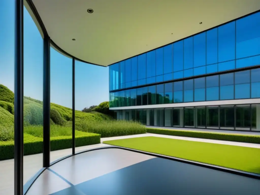 Edificio moderno con cristaleras, rodeado de naturaleza exuberante Oficina moderna con ventanales de cristal y paisajismo verde, reflejando el cielo azul