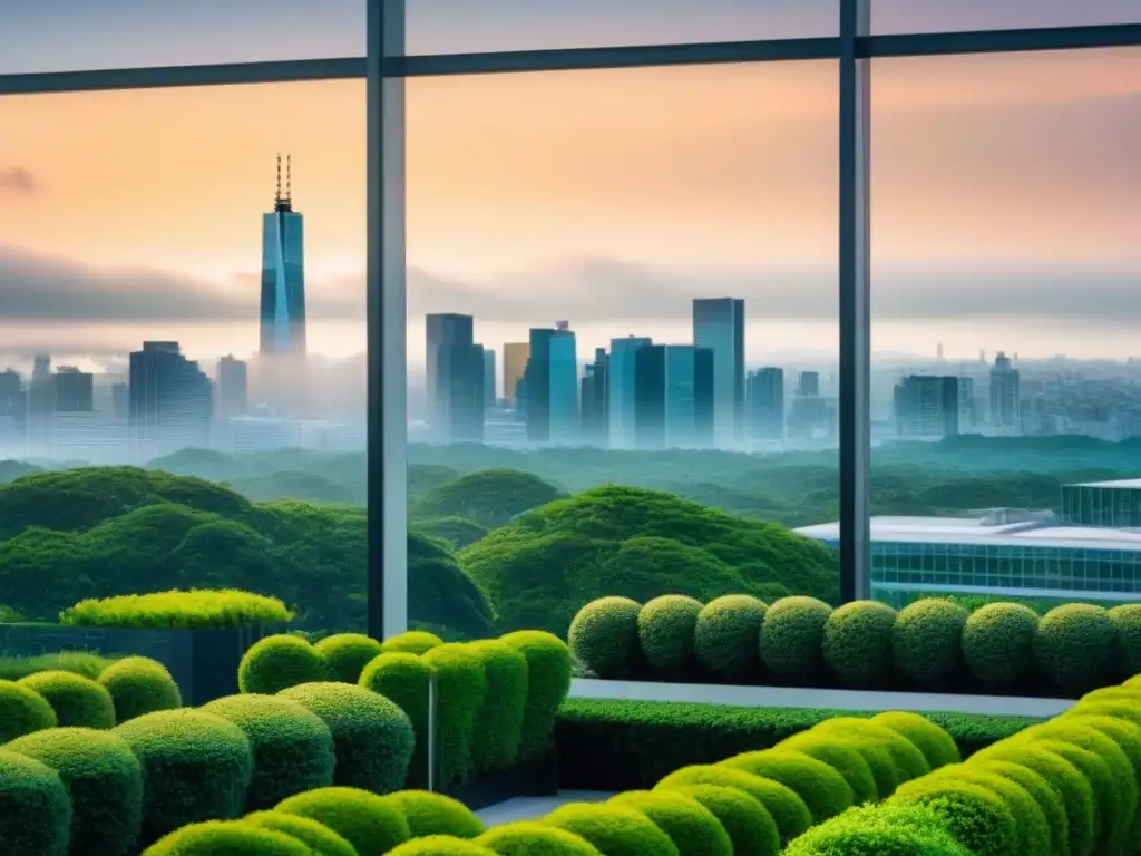 Edificio moderno con ventanales y paisaje urbano Oficina moderna con ventanales de piso a techo reflejando el paisaje urbano, rodeada de vegetación exuberante
