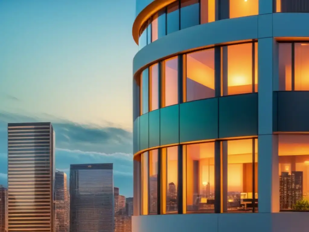 Edificio de oficinas moderno y sofisticado con vistas urbanas al anochecer Oficina moderna con ventanas de cristal que reflejan la ciudad al atardecer