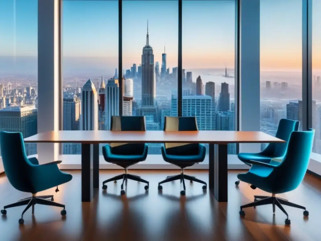 Oficina moderna con vistas a la ciudad: innovación y éxito Una oficina moderna y vibrante con vista a la ciudad