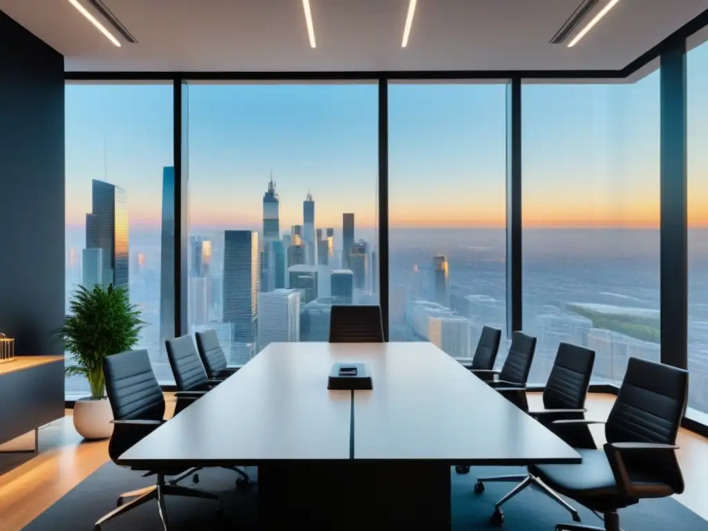 Oficina moderna con vista a la ciudad: an�lisis de mercado inmobiliario Oficina moderna con vista a la ciudad, muebles elegantes y monitores con análisis de sentimiento mercado inmobiliario