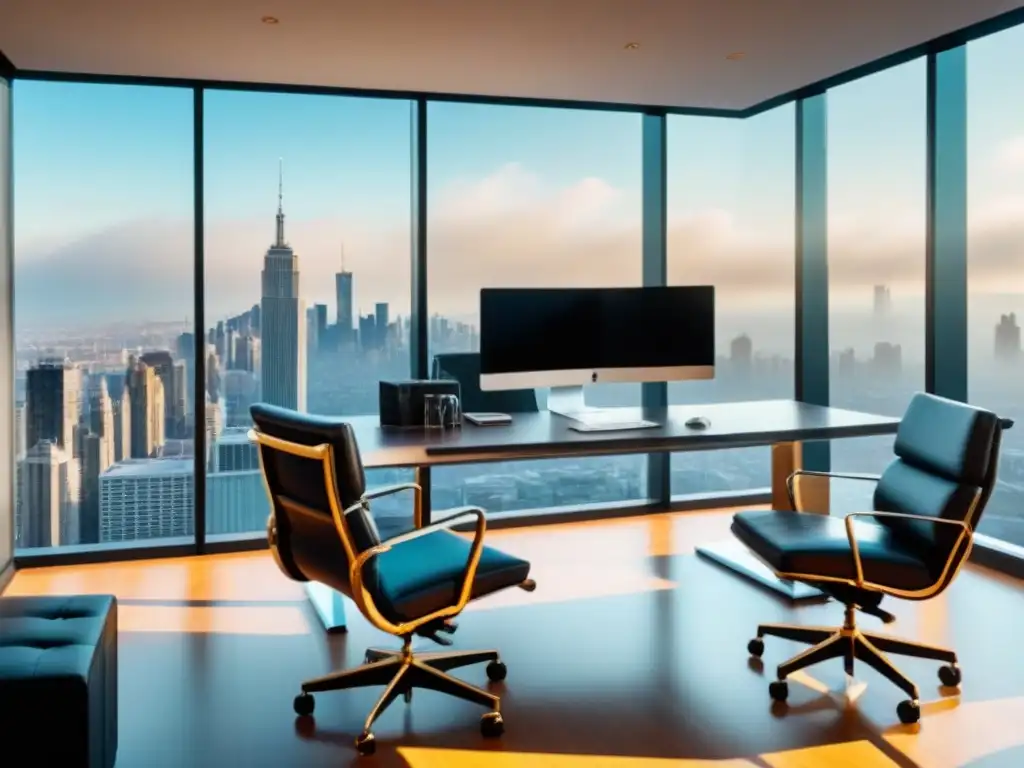 Oficina moderna con vistas panorámicas y decoración sofisticada Oficina moderna con vista a la ciudad para mejorar estrategias salida inversiones inmobiliarias