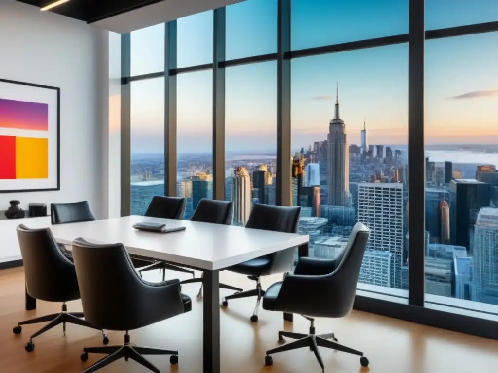 Oficina ejecutiva de éxito en inversión inmobiliaria global Oficina moderna con vista a la ciudad, muebles elegantes, gadgets tecnológicos y arte abstracto