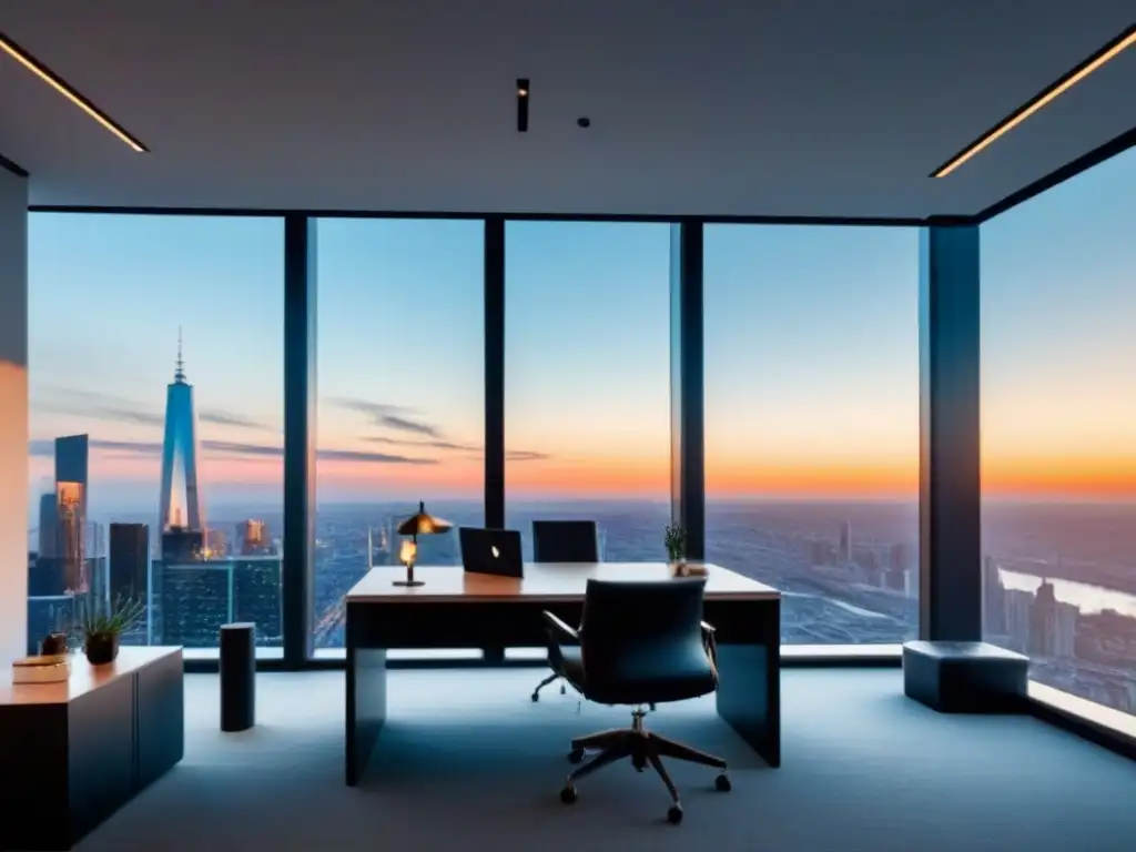 Oficina moderna con vista panorámica de ciudad internacional Oficina moderna con vista a la ciudad, muebles contemporáneos y mapa mundial