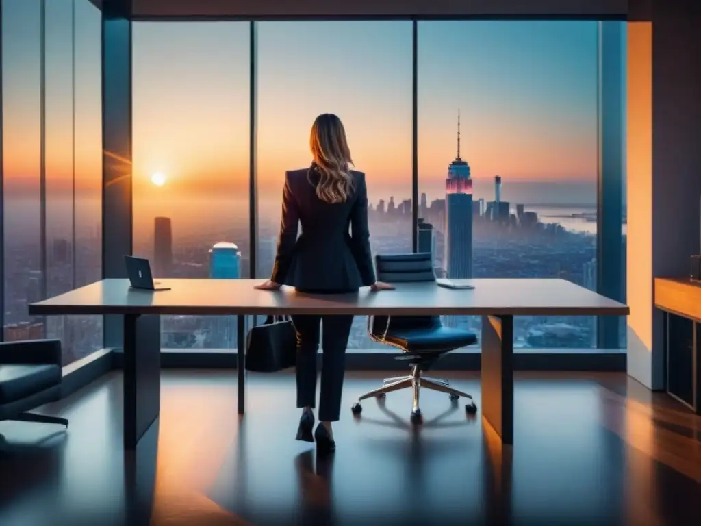 Oficina moderna con vista panorámica al atardecer Oficina moderna con vista a la ciudad al atardecer, ideal para Inversión inmobiliaria internacional en fluctuaciones